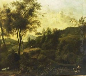 A Southern Wooded Landscape With Fishermen In A Stream And Shepherds With Their Herd In The Background by Frederick De Moucheron