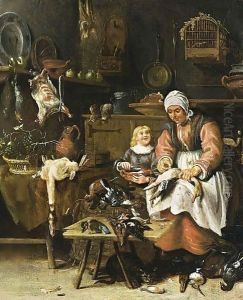 A Kitchen Interior With A Maid Plucking A Duck And A Little Boy Eating Porridge by Sybrand Van Beest