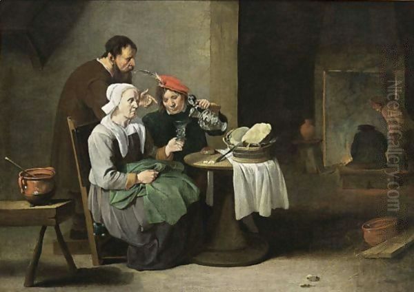 A Peasant Woman And A Young Man Eating And Drinking At A Table, With A Man Standing Behind, Other Figures Near A Fireplace In The Background - view 1