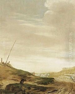 A Dune Landscape With A Horsedrawn Waggon On A Path, And A Dog In The Foreground