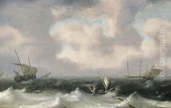 Fishing Boats In Stormy Seas, A Distant View Of A Town - view 1