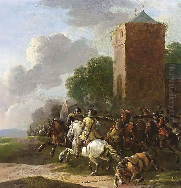 A Cavalry Battle Near A Tower - view 1