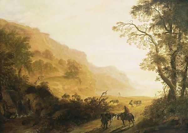 An Italianate Hilly Landscape With Horsemen Resting In The Foreground, Travellers With Donkeys On A Path, And A Waterfall Nearby - view 1