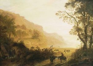 An Italianate Hilly Landscape With Horsemen Resting In The Foreground, Travellers With Donkeys On A Path, And A Waterfall Nearby by Cornelis Matthieu
