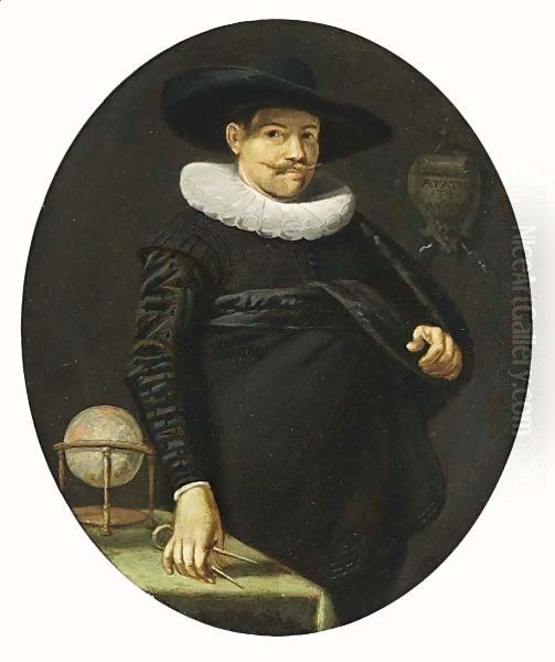 A Portrait Of A Geographer, Aged 34, Standing Three-Quarter Length, Wearing A Black Satin Suit With A White Lace Collar And A Black Hat, A Table With A Globe On The Left - view 1