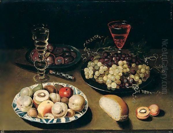 Still Life Of Peaches, Figs, Apples And Walnuts In A Blue And White Porcelain Bowl, Together With Grapes And Plums In Pewter Dishes, Wine Glasses, Bread And A Knife, All Arranged Upon A Table Top - view 1