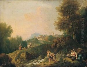 A Pastoral Landscape With Peasants And Herders By A River, A Town Beyond by Giuseppe Zais