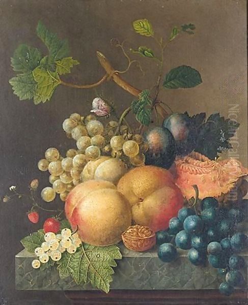 Still Life With Peaches, Plums, Strawberries, Grapes, A Walnut And A Melon On Stone Ledge - view 1