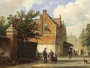 Villagers In The Streets Of A Dutch Town by Adrianus Eversen