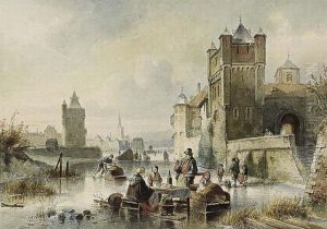 Numerous Figures On The Ice Near A Dutch Town by Jan Michael Ruyten