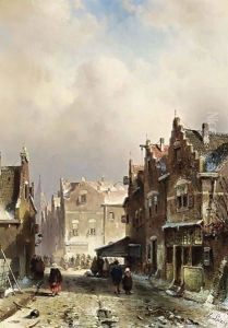 Villagers In The Streets Of A Wintry Town by Charles Henri Leickert