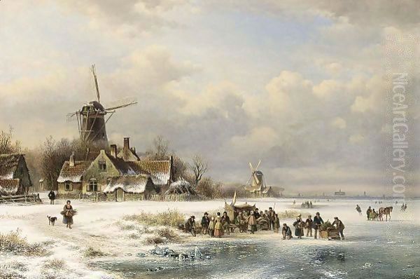 Skaters On A Frozen River Near A 'Koek En Zopie' by Lodewijk Johannes Kleijn