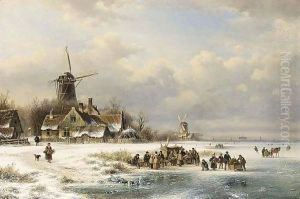 Skaters On A Frozen River Near A 'Koek En Zopie' by Lodewijk Johannes Kleijn