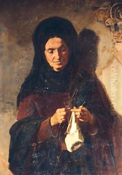 Portrait Of A Woman Knitting - view 1