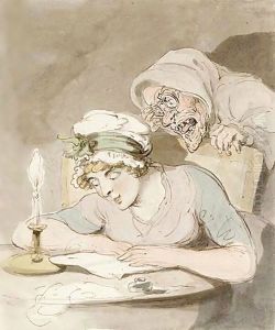 A Young Lady Reading A Book, An Old Hag At Her Shoulder by Thomas Rowlandson