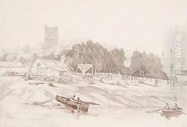 Riverside Scene With Church Tower - view 1