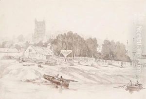 Riverside Scene With Church Tower by William Alfred Delamotte