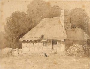 A Dog By A Thatched Cottage by David Cox