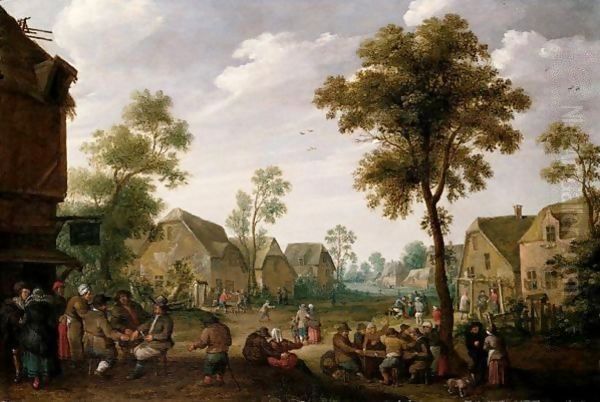 A Crowded Village Scene With Figures Drinking Before A Tavern - view 1