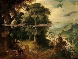 A River Landscape With Travellers And Their Wagon Resting By A Track, A City In The Distance by Abraham Govaerts