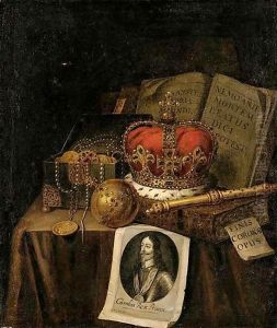 A Vanitas Still Life Of A Crown, An Orb, A Sceptre, A Casket Of Coins And Jewels, Together With Books And An Engraving Of Charles I Of England, All Arranged Upon A Draped Table-Top by Edwart Collier