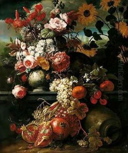 A Still Life Of Roses, Tulips, And Other Flowers In A Porcelain Vase, Together With Pomegranates, Plums And Grapes, In An Ornamental Landscape