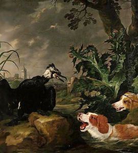 Two Hounds Crossing A River And Surprising A Cormorant, With A Landscape Beyond