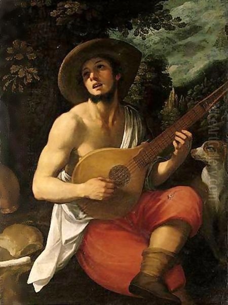 Portrait Of A Young Man, Three Quarter Length Seated, Playing A Cittern, A Landscape Beyond - view 1