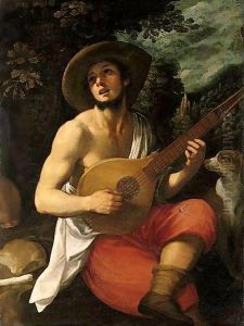 Portrait Of A Young Man, Three Quarter Length Seated, Playing A Cittern, A Landscape Beyond