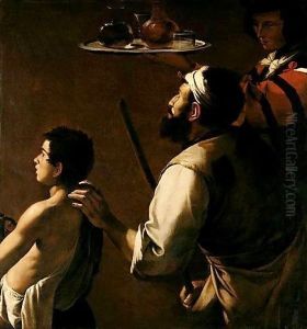 A Blind Beggar Being Led By A Boy, Together With A Servant Holding Up A Tray With Glasses And Decanters