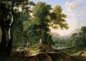 A Southern Landscape With Travellers, A Drover And Sheep On A Track Above A Lake, A Hill-Top Town In The Distance by Herman Van Swanevelt