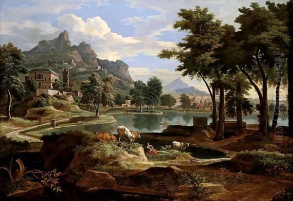 A Classical Landscape With Figures And Cattle Resting By A Lake, Rocky Terrain Beyond - view 1
