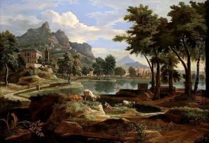 A Classical Landscape With Figures And Cattle Resting By A Lake, Rocky Terrain Beyond