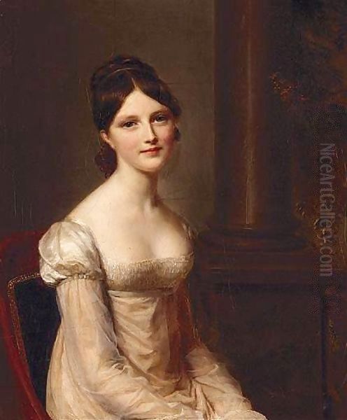 Portrait Of A Young Lady, Half Length, Seated, Wearing A Pink Dress With Columns Beyond - view 1