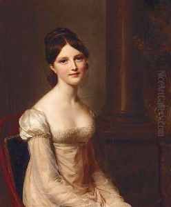 Portrait Of A Young Lady, Half Length, Seated, Wearing A Pink Dress With Columns Beyond by Firmin Massot