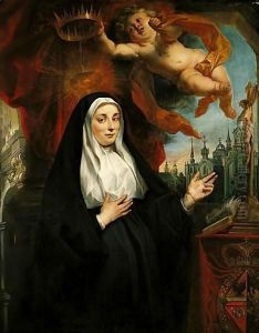 Portrait Of The Infanta Isabella Clara Eugenia, As A Nun, Half-Length In Prayer Before A Crucifix And Crowned By A Cherub, With An Abbey Beyond by Jacob Jordaens