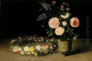 A Still Life Of Roses And Sprays Of Lilac In An Ornamental Stoneware Vase, With A Wreath Of Roses, Forget-Me-Nots, Jasmine, Cyclamen And Other Flowers Resting Nearby, All On A Table-Top by Jan The Elder Brueghel