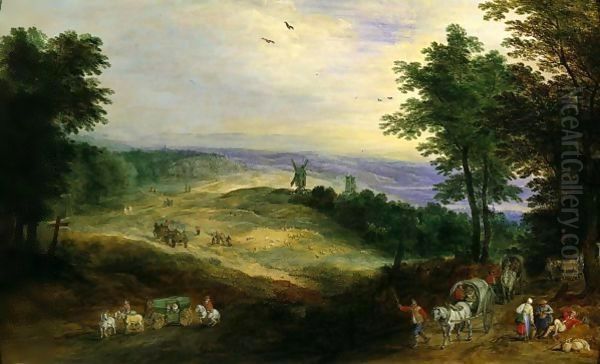 A Wooded Landscape With Travellers On A Track, A Windmill Beyond - view 1