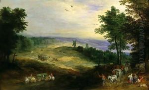A Wooded Landscape With Travellers On A Track, A Windmill Beyond by Joos De Momper