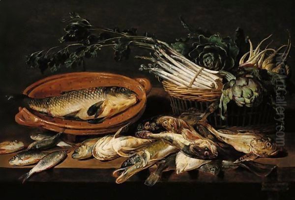 A Still Life Of Artichokes, Asparagus, Radishes, And Turnips In A Wicker Basket, With A Carp In A Terracotta Dish, Together With Salt- And Fresh-Water Fish, All Arranged Upon A Table-Top - view 1