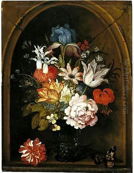 A Still Life Of Tulips, A Rose, An Iris, A Fuchsia, Forget-Me-Nots And Other Flowers In A Berkemeijer Glass, Set In A Niche And Flanked With A Carnation And A Butterfly - view 1