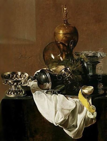 A Still Life Of Silverware, An Overturned Roemer, A Peeled Lemon On A Plate, A Blue-And-White Porcelain Bowl And An Ormolu Vase, All On A Table Draped With A White Cloth - view 1
