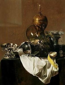 A Still Life Of Silverware, An Overturned Roemer, A Peeled Lemon On A Plate, A Blue-And-White Porcelain Bowl And An Ormolu Vase, All On A Table Draped With A White Cloth by Jan Jansz. Treck
