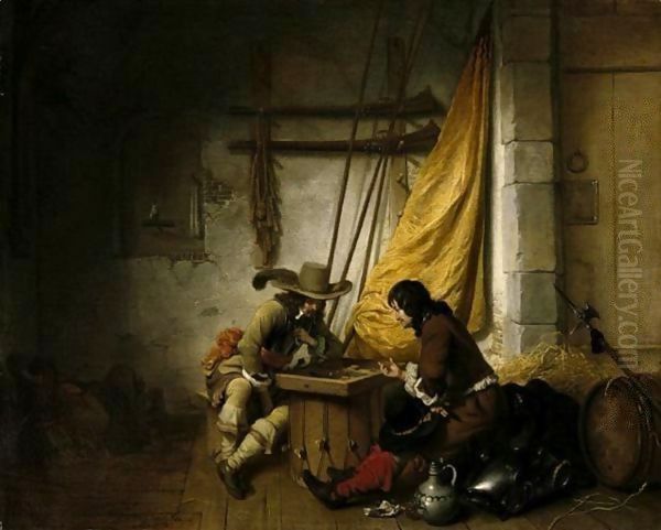 A Guardroom Scene With Two Soldiers Playing Backgammon And Another Asleep - view 1
