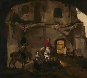 An Italianate Landscape With Two Riders And Other Figures Beneath Ruined Buildings by Philips Wouwerman