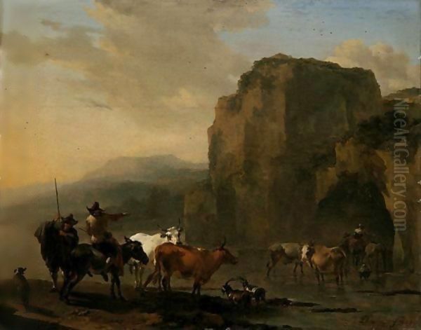 An Italianate Landscape With Herders, Cattle And Goats Fording A River - view 1