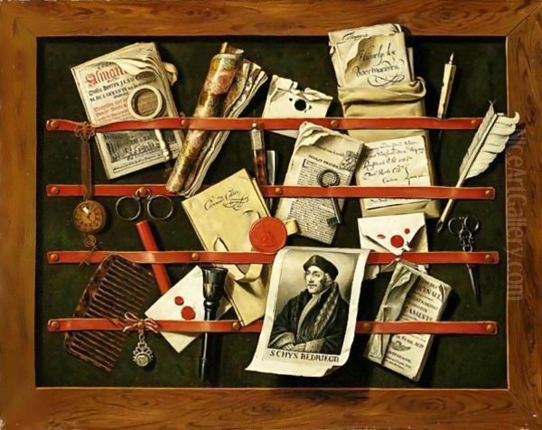 A Trompe L'A…a€œil Still Life Of Written And Printed Documents, A Printed Portrait Of Erasmus And An Envelope With Broken Seal, A Watch, A Comb, Pince-Nez, A Magnifying Glass, A Key, A Seal And Stick Of Sealing Wax - view 1