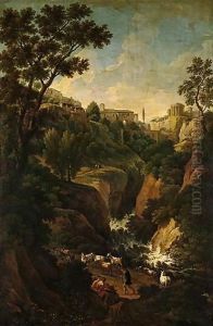 A Capriccio Of Tivoli, With Peasants And Animals By The Falls