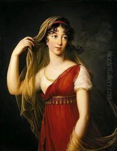Portrait Of A Young Lady, Possibly The Hon. Charlotte Dillon, Three-Quarter Length Standing, Dressed In Imperial Style With A Red Stole And A Veil