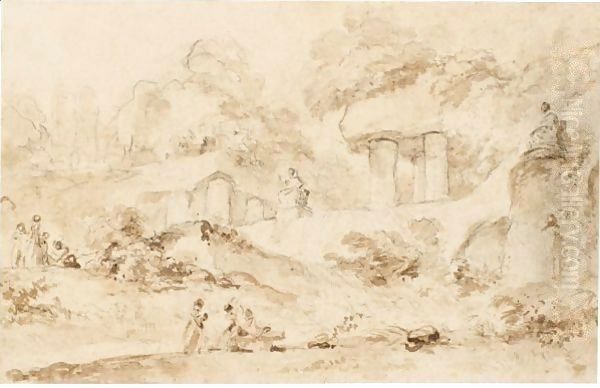 Figures In A Park With A Cascade And Antique Statues - view 1